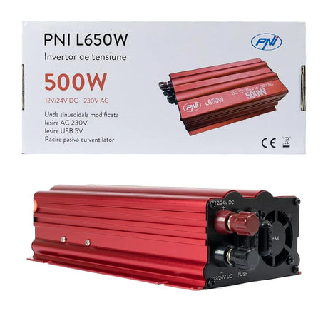 Invertor de tensiune Pni L650W, alimentare duala 12V/24V, iesire 230V, 500W, sinus modificat, mufa USB 5V 500MAH, cu clesti alimentare si mufa de bricheta inclusa PNI-L650W-DV