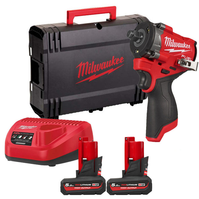 Cheie compactă de impact ½″ Milwaukee M12 FCIWF12G3-502X FUEL™ cu inel de fixare, 1 x acumulator M12 HB5, 1 x încărcător C12 C, 1 x cutie HD, cod 4933493455