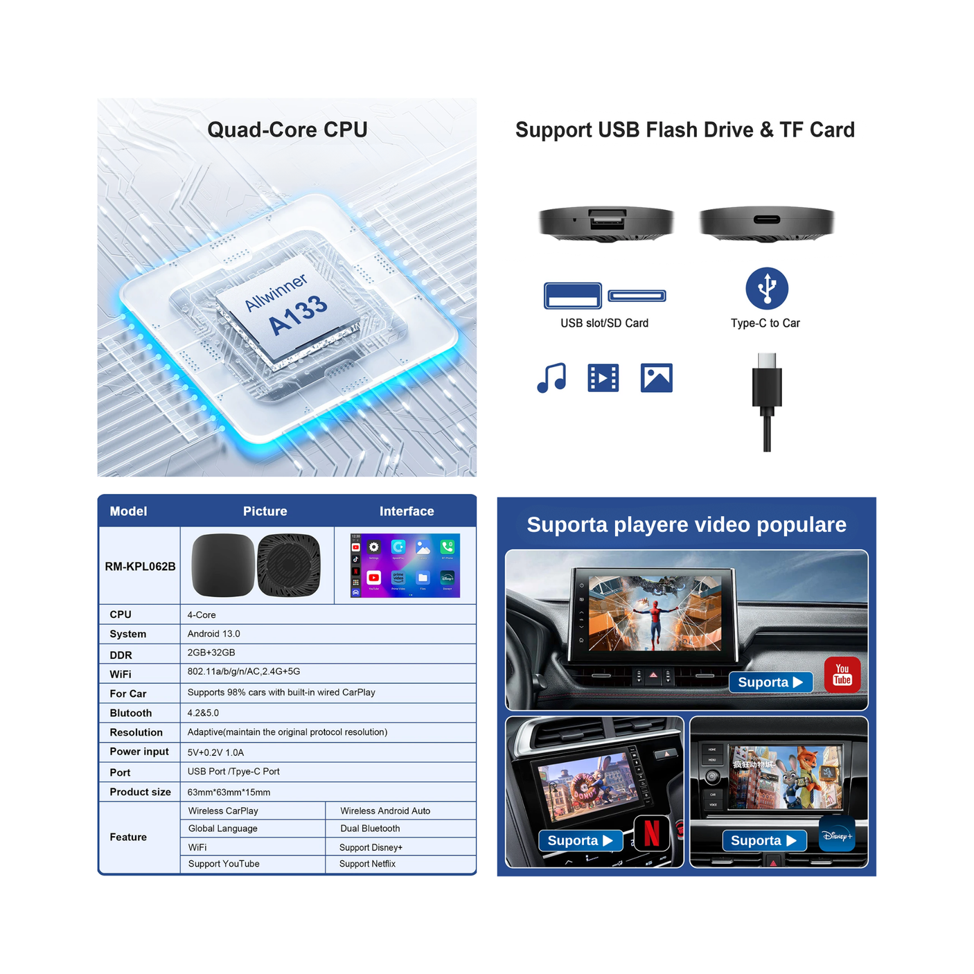 Adaptor Wireless Android 13 CarPlay & Android Auto – Netflix YouTube