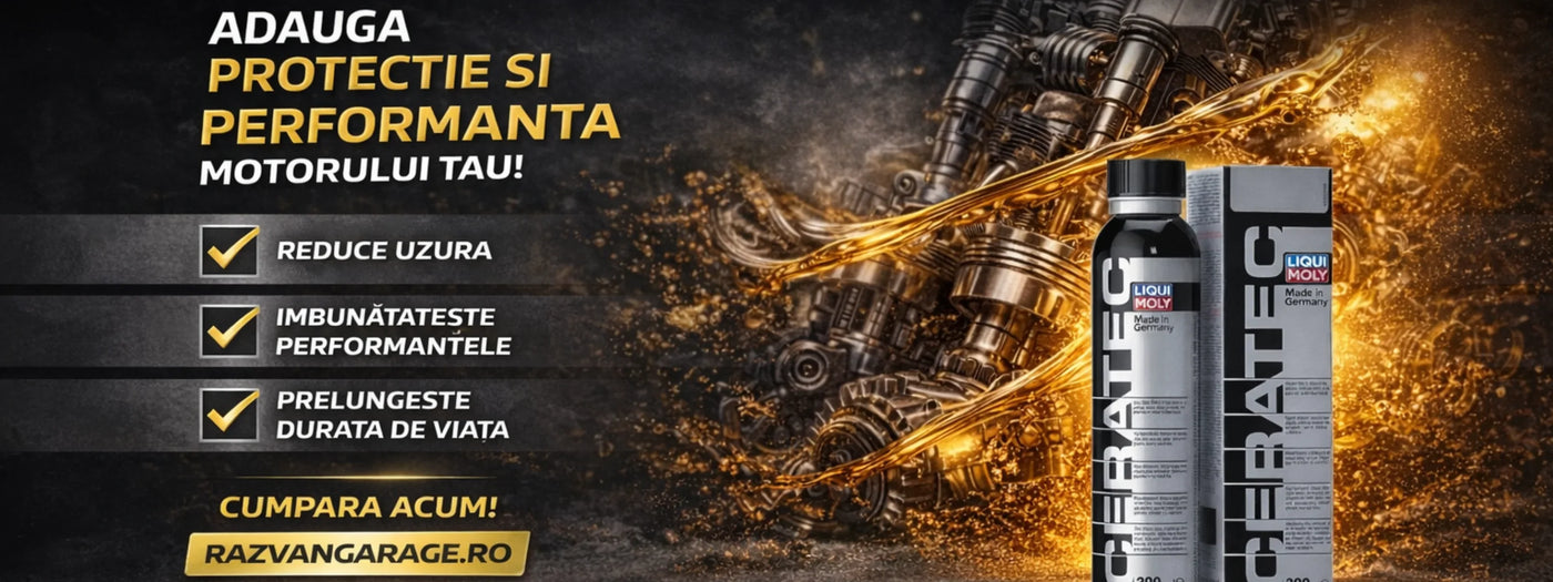 Ceratec engine additive bottle next to a mechanical engine background with gold oil flow, promoting reduced wear and enhanced engine performance.