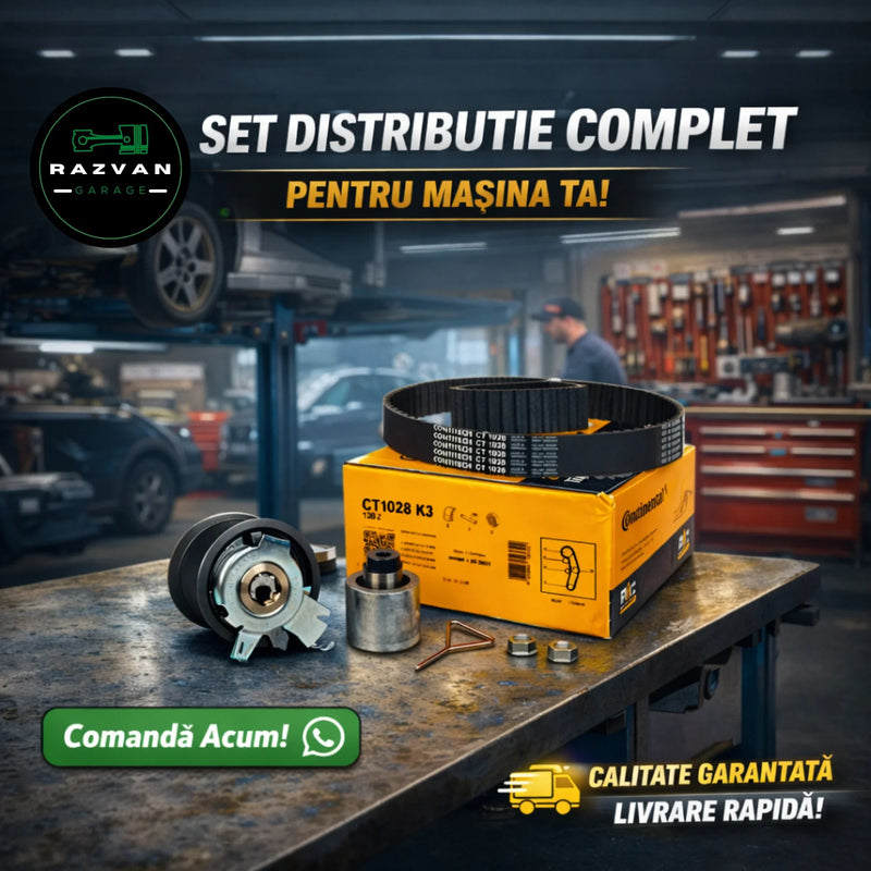 Complete timing belt kit with pulleys and components on workshop table, automotive parts