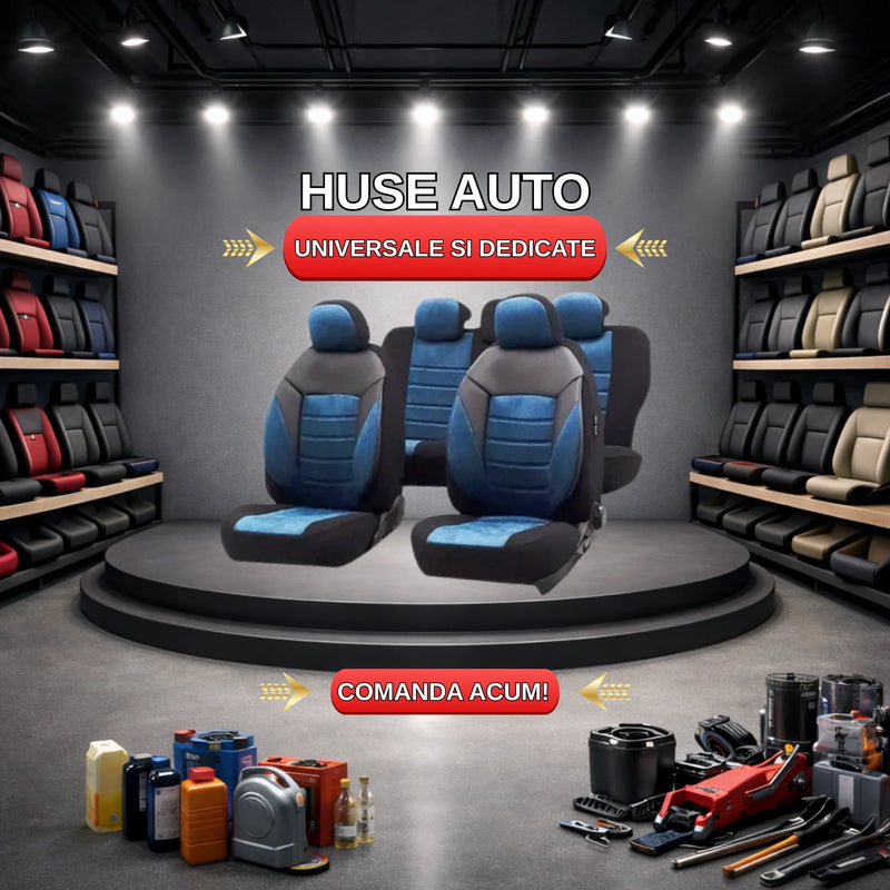 Universal and dedicated car seat covers in showroom, surrounded by auto accessories and parts