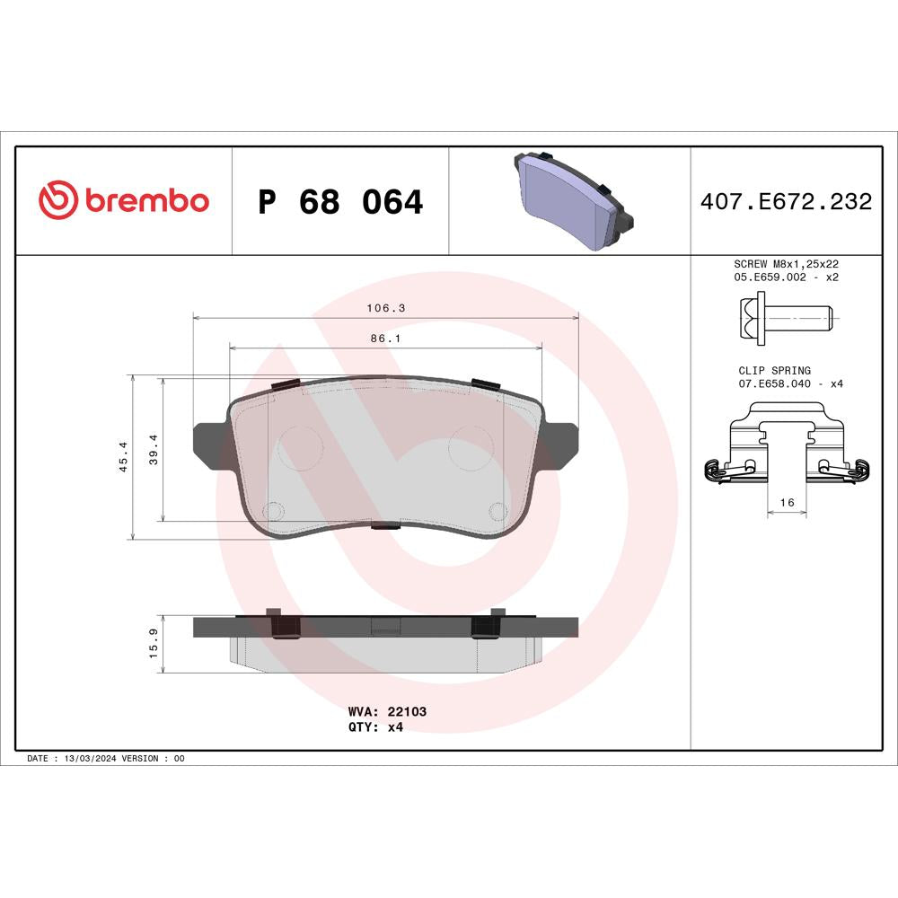 Set placute frana spate Brembo P 68 064