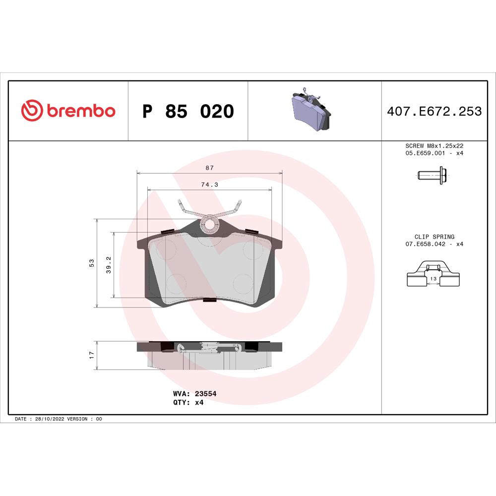 Set placute frana spate Brembo P 85 020
