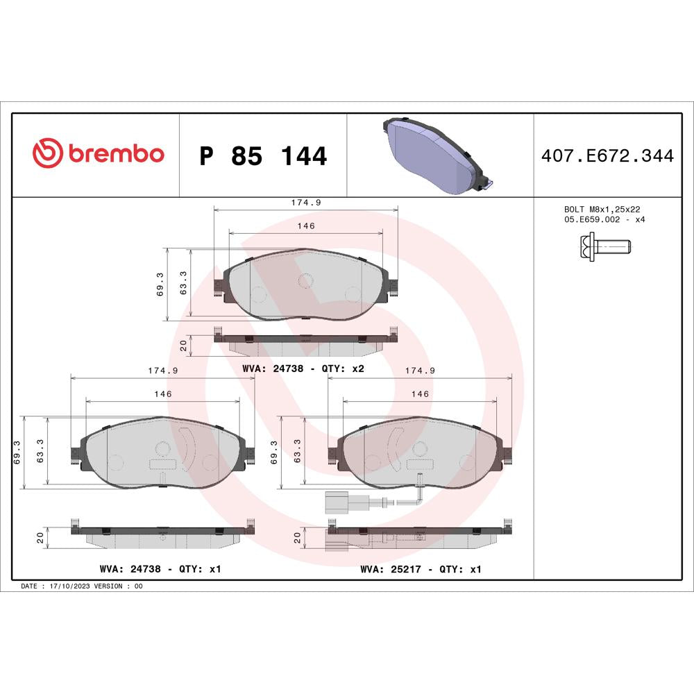 Set placute frana fata Brembo P 85 144