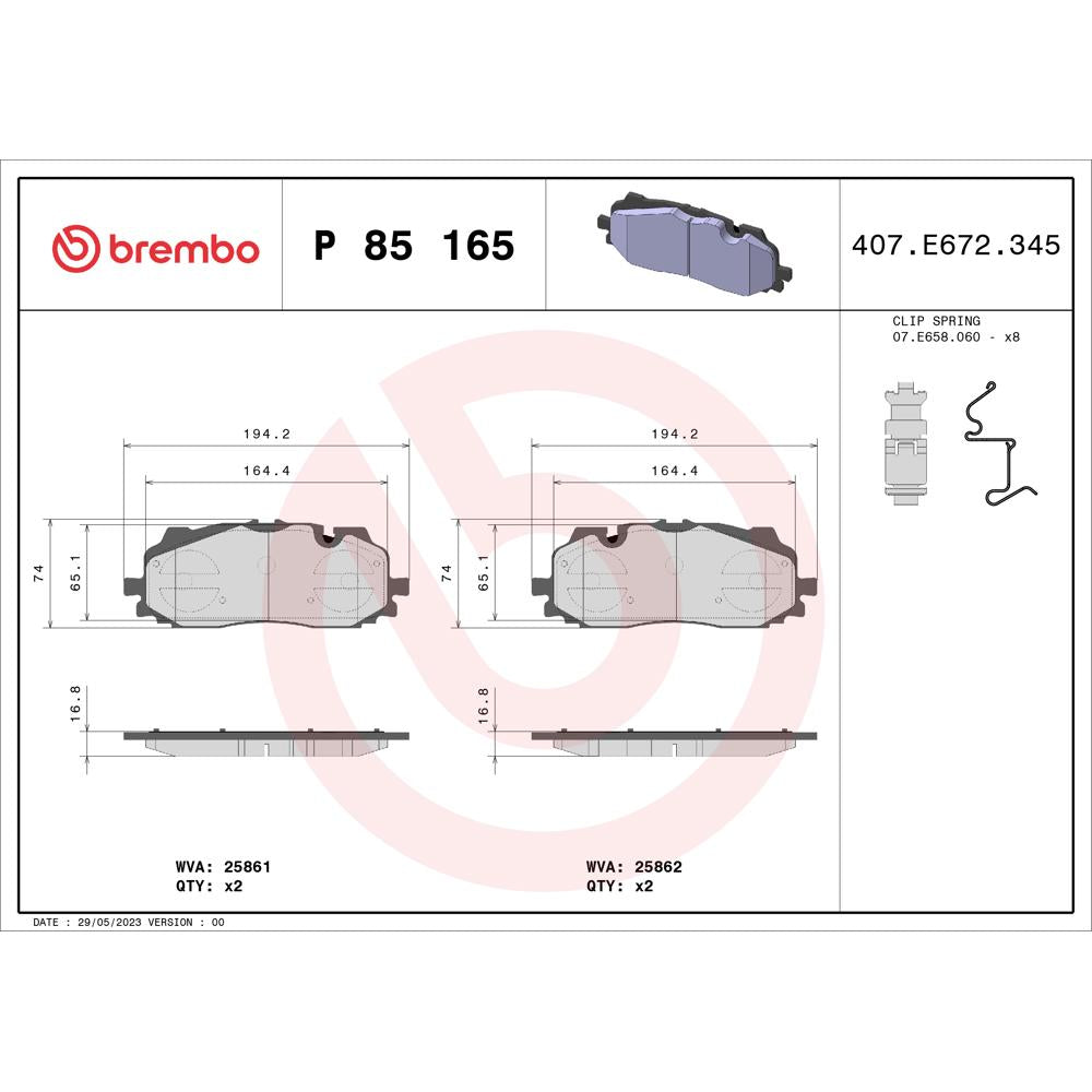 Set placute frana Brembo P 85 165