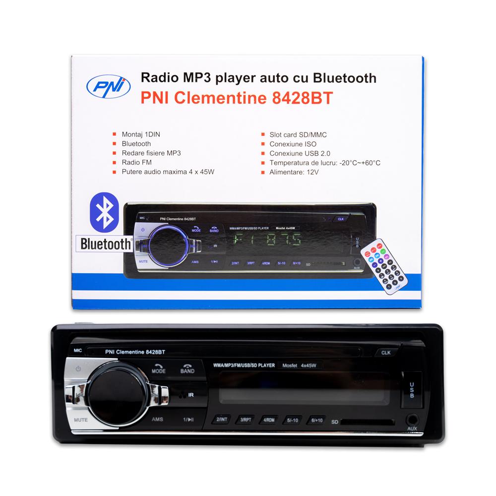 Radio MP3 player auto Pni clementine 8428BT, 4X45W, 12V, 1 din, cu sd, USB, aux, rca si bluetooth PNI-8428BT