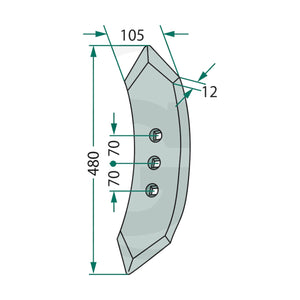 Schita dimensiuni Brazdar cultivator reversibil curbat 480x105x12mm compatibil Köckerling GRANIT 56050 900033