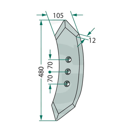 Schita dimensiuni Brazdar cultivator reversibil curbat 480x105x12mm compatibil Köckerling GRANIT 56050 900033