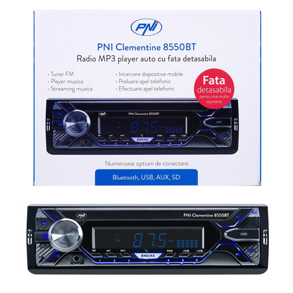 Radio MP3 player auto Pni clementine 8550BT, fata detasabila, 4X45W, 12V, 1 din, cu sd, USB, aux, rca PNI-MP3-8550