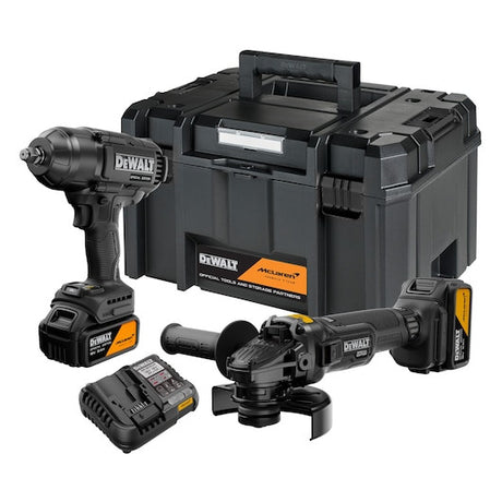 Set 2 unelte DEWALT® x McLaren F1 Team 18V XR® Ediție Specială: cheie de impact cu cuplu mare și polizor unghiular – 2 x acumulator 5Ah DCK2225MP2TQW