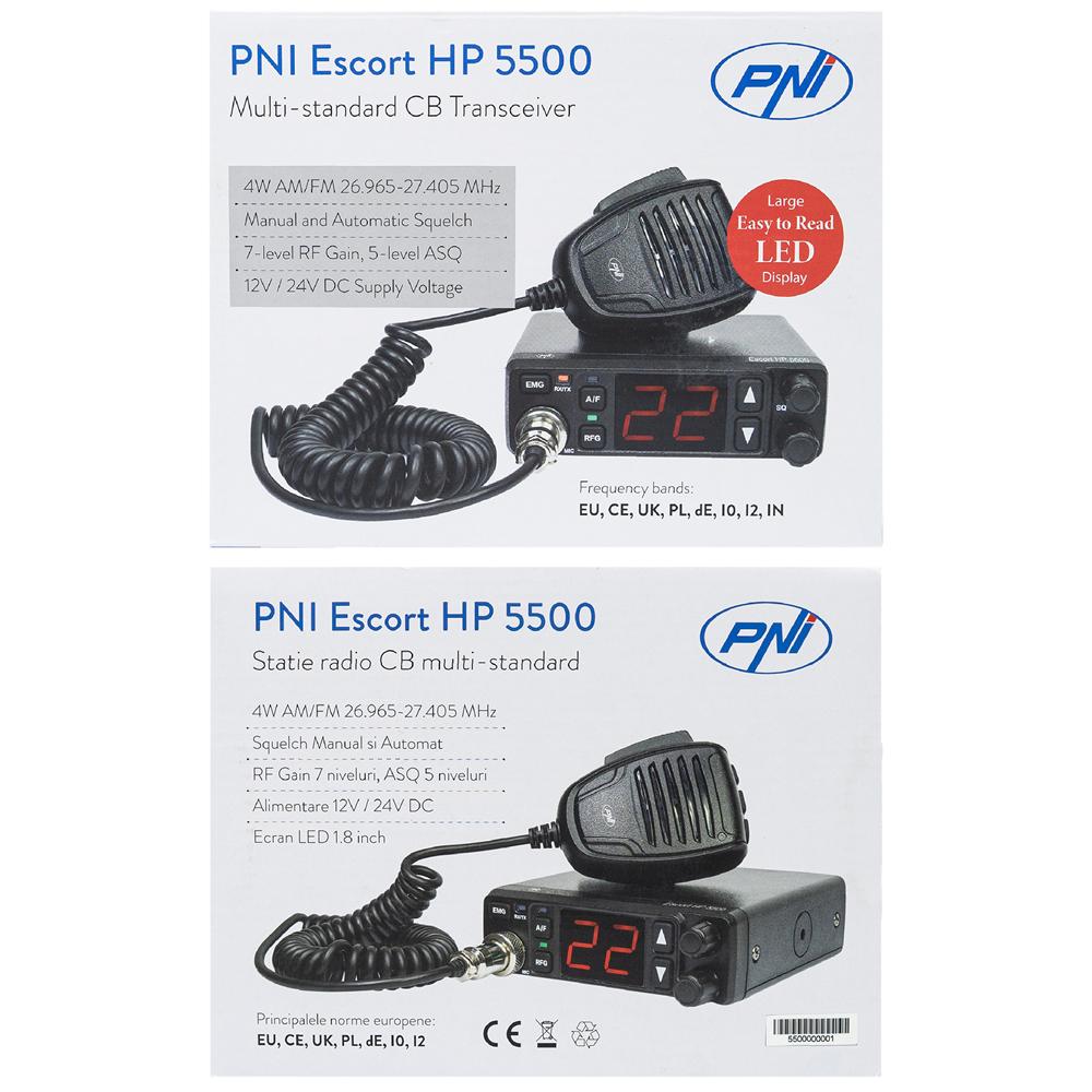 Statie radio cb Pni escort HP 5500, multistandard, 4W, am-fm, 12V/24V, asq, rf gain, mufa de bricheta inclusa PNI-HP5500