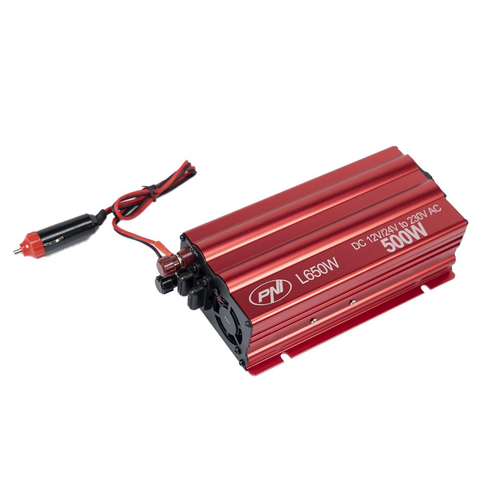 Invertor de tensiune Pni L650W, alimentare duala 12V/24V, iesire 230V, 500W, sinus modificat, mufa USB 5V 500MAH, cu clesti alimentare si mufa de bricheta inclusa PNI-L650W-DV