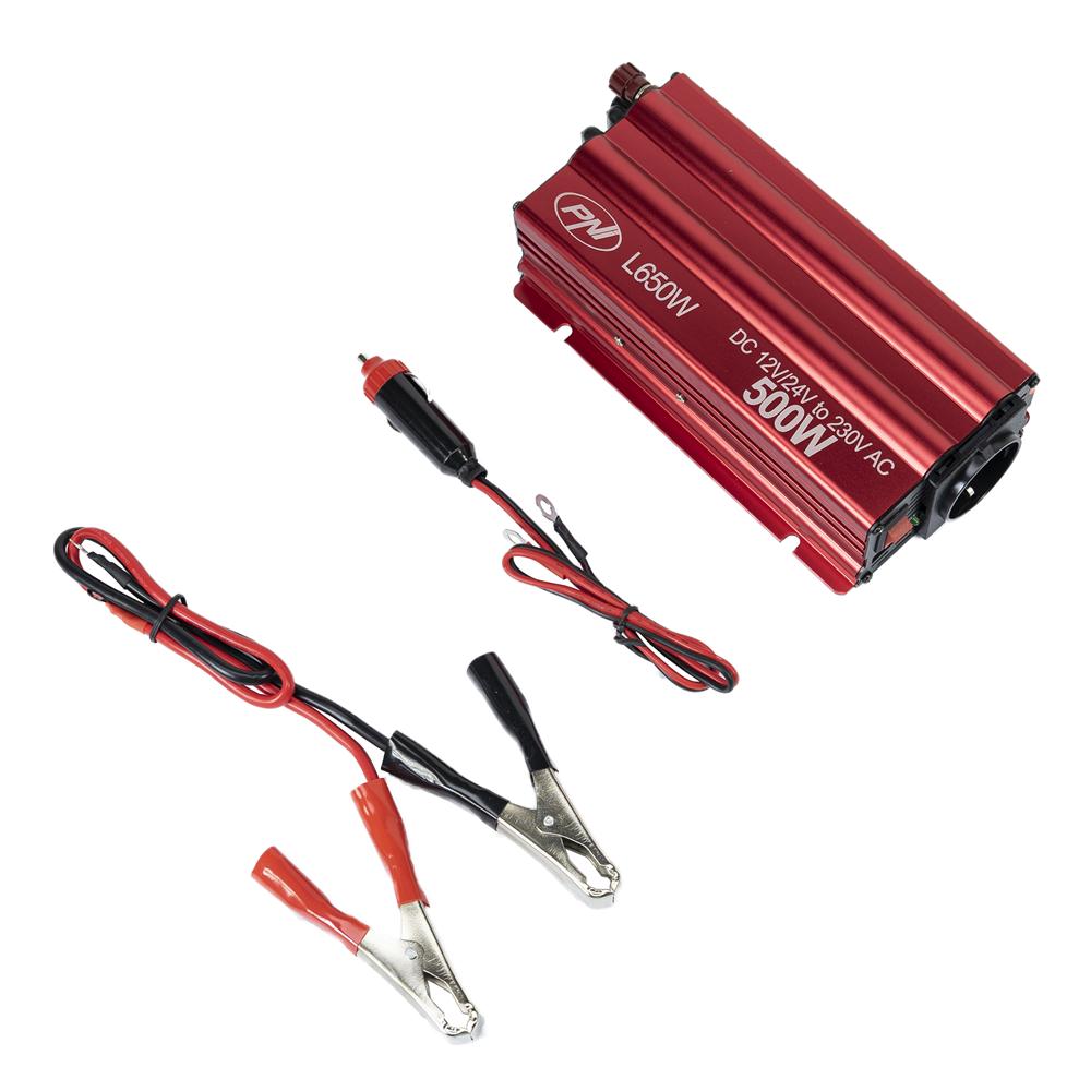 Invertor de tensiune Pni L650W, alimentare duala 12V/24V, iesire 230V, 500W, sinus modificat, mufa USB 5V 500MAH, cu clesti alimentare si mufa de bricheta inclusa PNI-L650W-DV