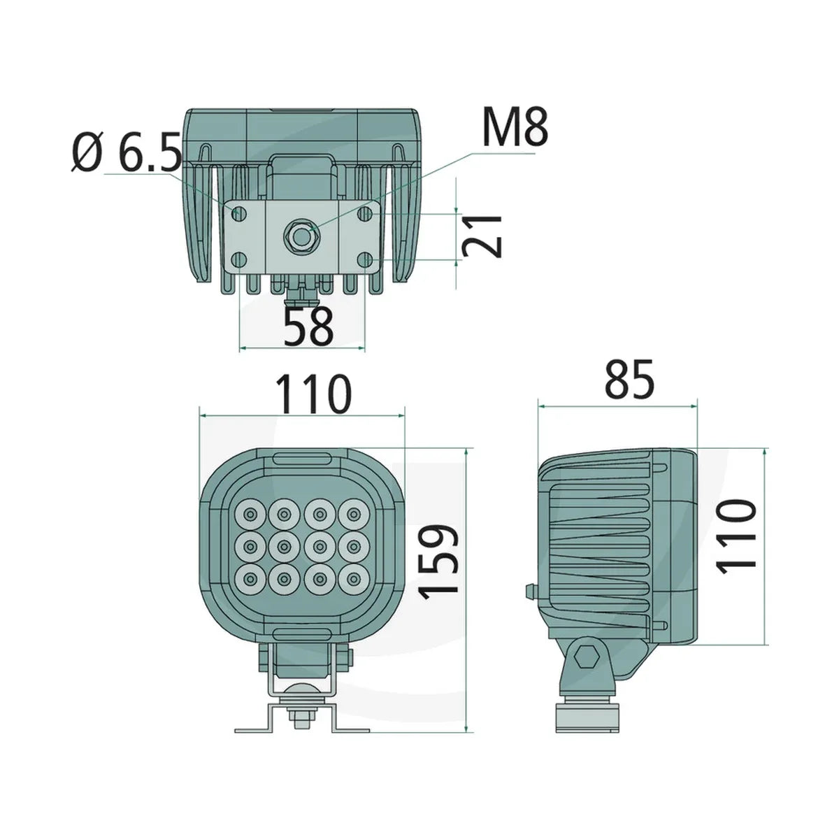 Schita dimensiuni Far de lucru cu LED 7001 compatibil John Deere GRANIT 707997001