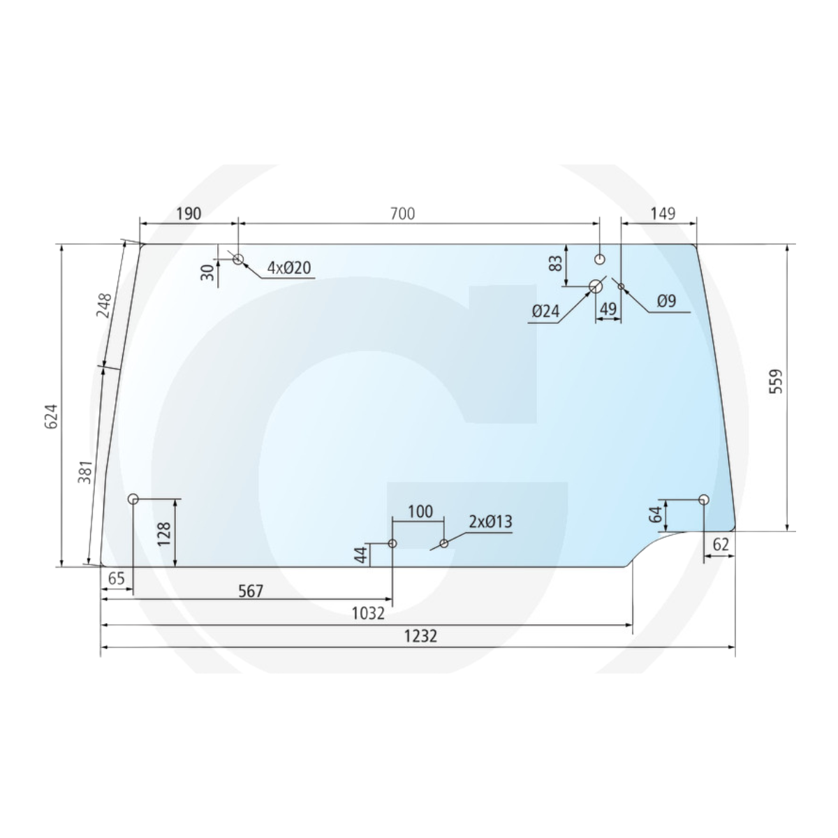 Geam spate CASE IH 650886564 gri fumuriu