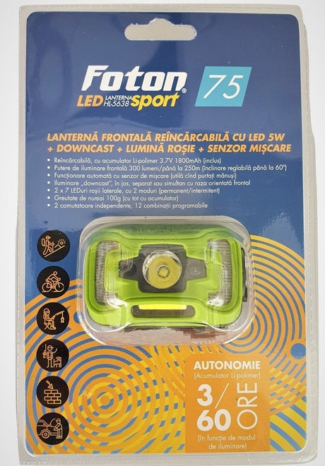 Lanterna frontala cu senzor Foton Sport HL5638 5W+COB 300 lumeni 304145638