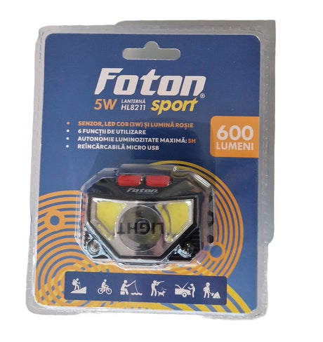 Lanterna frontala reincarcabila cu senzor Foton Sport HL8211 5W+3W+Rosu 600 lumeni 304148211
