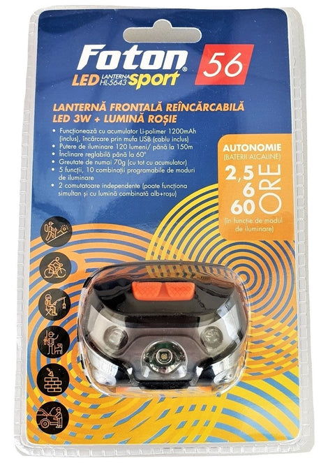 Lanterna frontala reincarcabila Foton Sport HL5643 3W+Rosu 120 lumeni 304145643