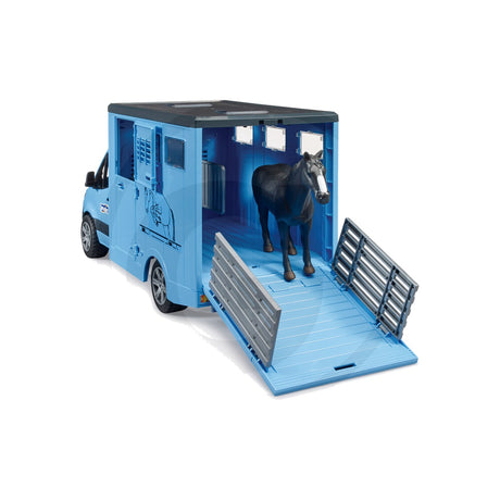 Macheta MB Sprinter cu remorca pentru animale si 1 cal, scara 1:16 Bruder 11141318 – imagine 4