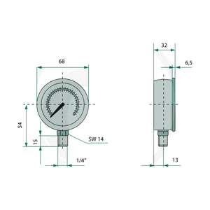 Schita dimensiuni Manometru 60 bar Ø63 cu racord inferior G1/4 – Analogic WIKA 85000404
