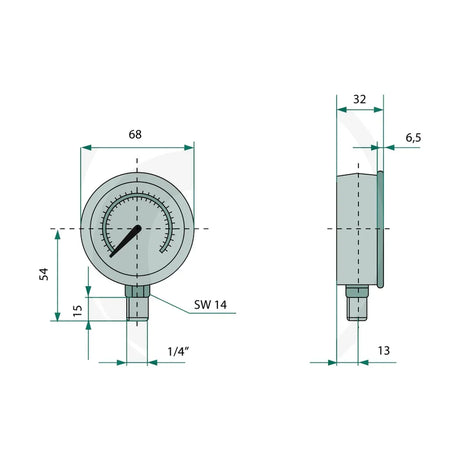Schita dimensiuni Manometru 60 bar Ø63 cu racord inferior G1/4 – Analogic WIKA 85000404