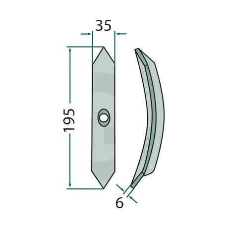 Schita dimensiuni Varf brazdar cultivator reversibil 195x35x6mm compatibil Lemken, Amazone GRANIT 23532 RS2978S