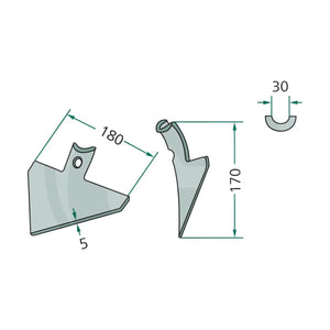 Schita dimensiuni Varf brazdar lat 170x180x5mm pentru dinte cultivator 45 x 12 GRANIT 1801.10.133