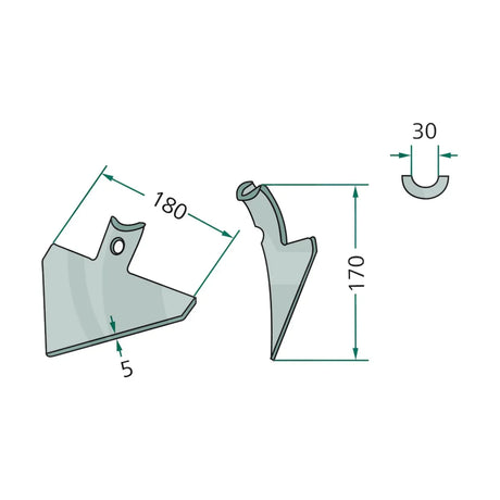 Schita dimensiuni Varf brazdar lat 170x180x5mm pentru dinte cultivator 45 x 12 GRANIT 1801.10.133