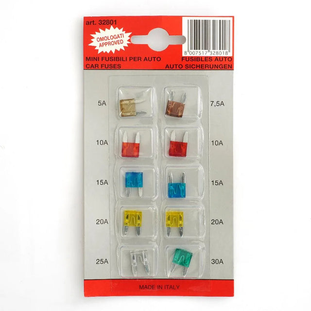 Blister cu 10 mini sigurante fuzibile 5/ 7.5/ 10/ 15/ 20/ 25/ 30 a cod culoare