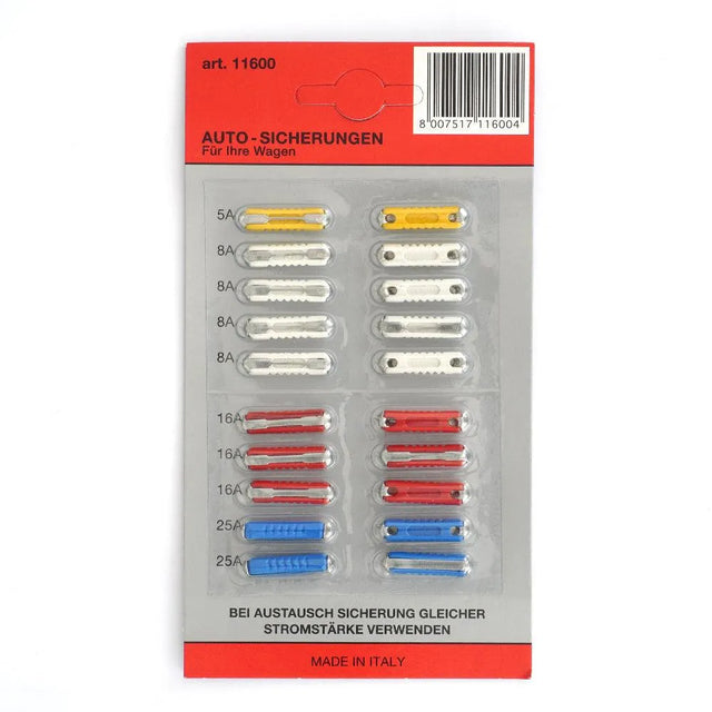 Blister cu 20 sigurante fuzibile cilindrice 5/ 8/ 16/ 25 a cod culoare