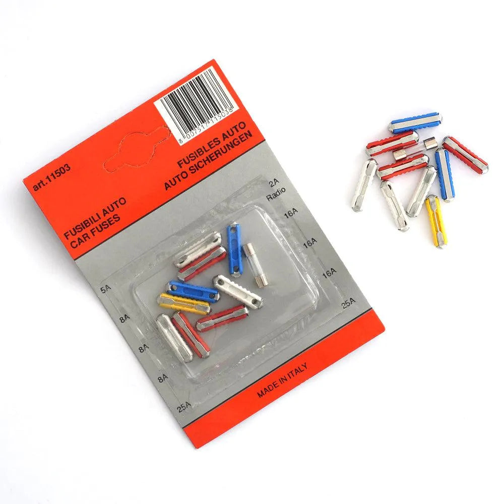 Blister cu 9 sigurante fuzibile cilindrice 5/ 8/ 16/ 25 a + sticla 2a