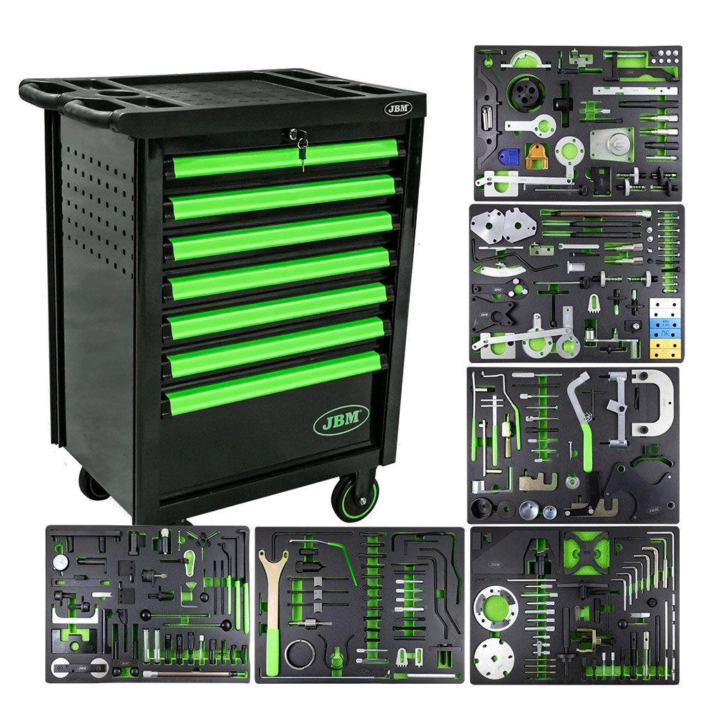 Dulap cu 7 sertare, verde, cu set de instrumente pentru sincronizare motor