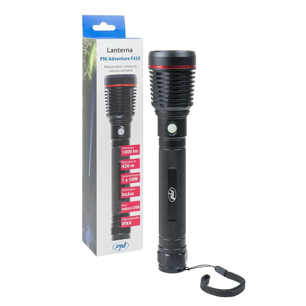 lanterna-pni-adventure-f420-led-10-w-1000-lm-cu-2-acumulatori-inclusi-8000-mah-tip-26650-1