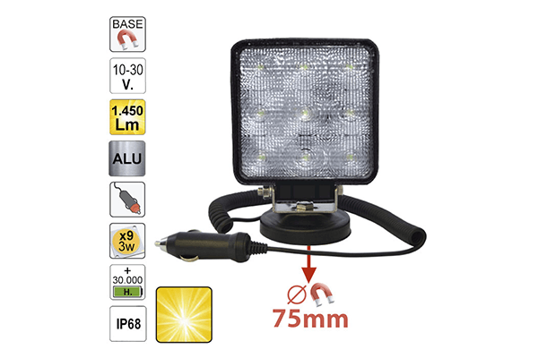 Proiector de lucru cu led. patrat. lumina difuza. baza magnetica jbm