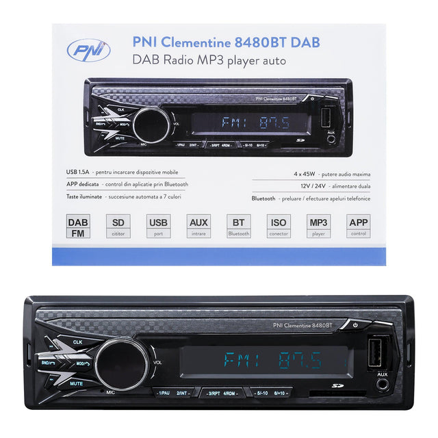 Radio mp3 player auto dab si rds pni clementine 8480bt 4x45w, 12/24v, cu sd, usb, aux, rca, bluetooth si usb 1.5a