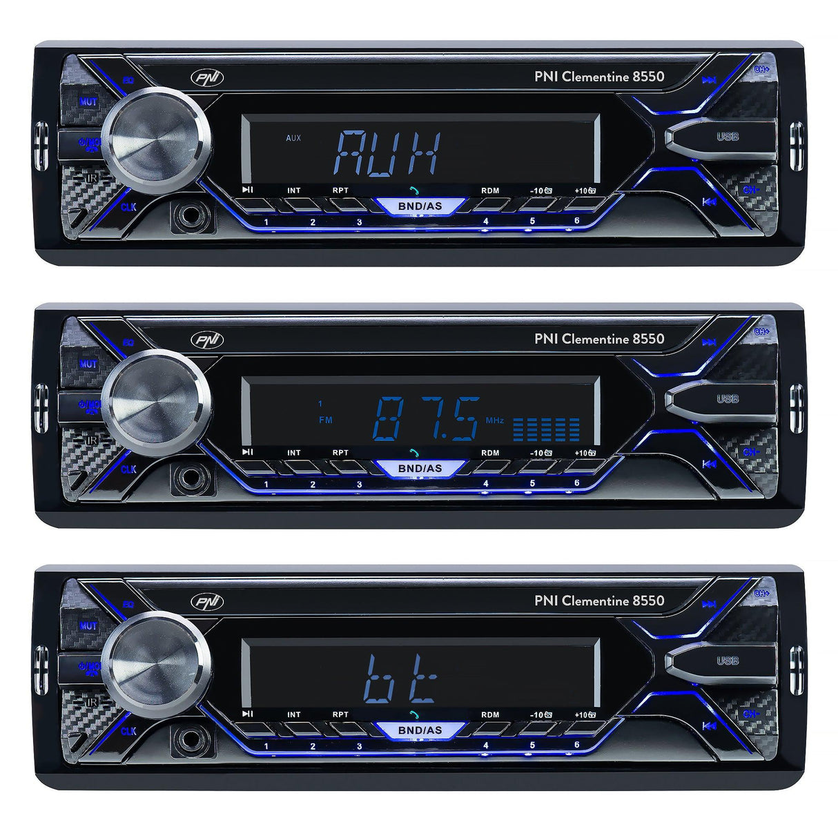 Radio mp3 player auto pni clementine 8550bt, fata detasabila, 4x45w, 12v, 1 din, cu sd, usb, aux, rca