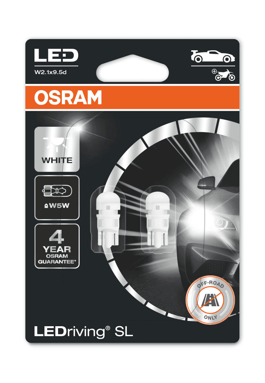 Set 2 becuri LED de pozitie auto Osram LEDriving SL 6000k alb rece W5W T10 12V 2825DWP-02B